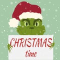 Winter illustration with a Christmas character, the grinch holding a sign and the inscription Christmas time